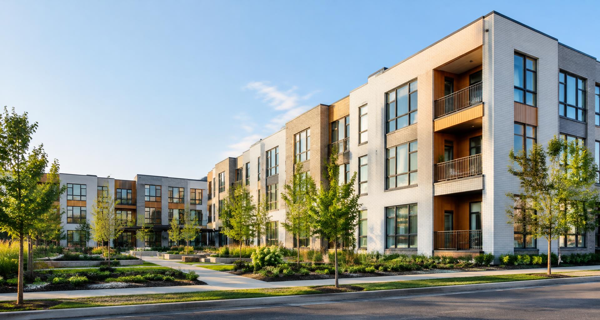 Modern multifamily housing surrounding a landscaped courtyard